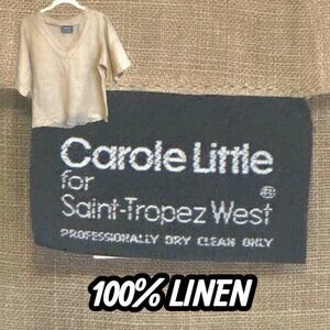VTG Carole Little Saint-Tropez West Linen Blouse Tan Beige Short Sleeve Top M/L